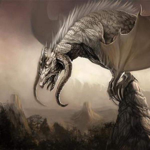 Drawing of a dragon perched on top of a mountain