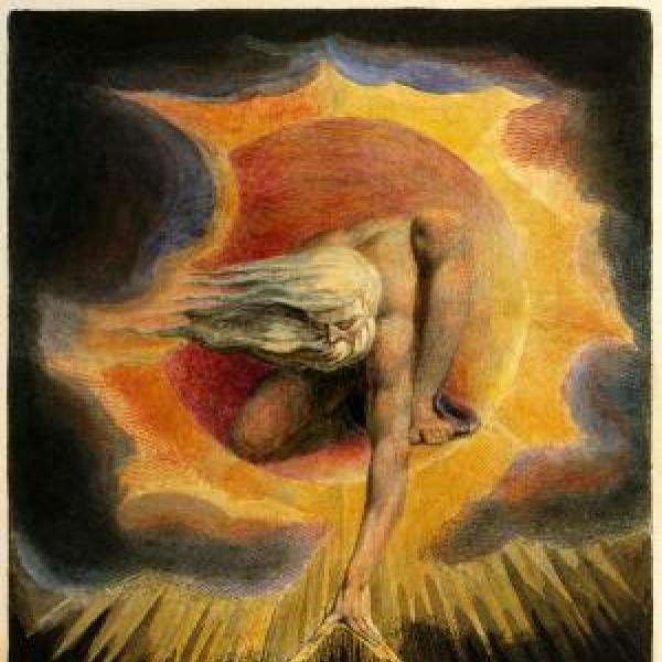 William Blake painting of a man in the sky with beams of light emerging from his hands
