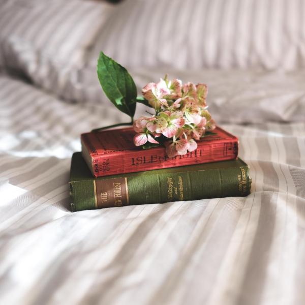 a pile of books on a bed topped by flowers