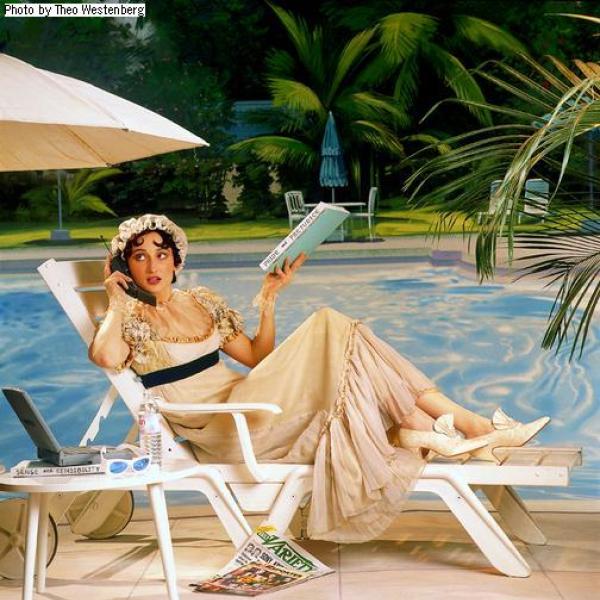 Drawing of a Victorian woman laying by a pool with modern things like a cell phone, sunglasses, Variety magazine, etc.