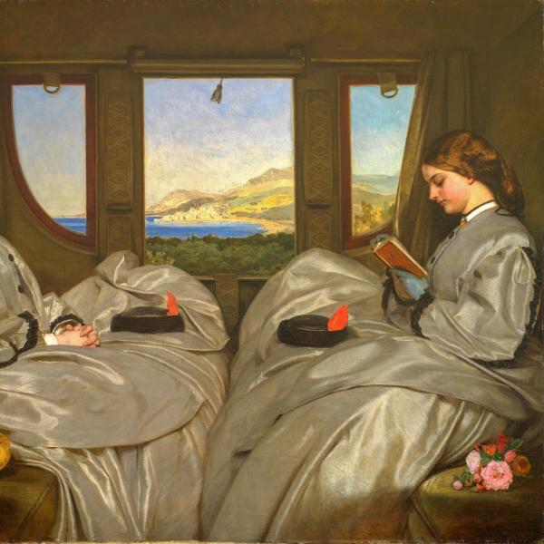painting of two women reading in stage coach