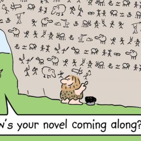 Cartoon of a caveman writing a novel on a cave wall