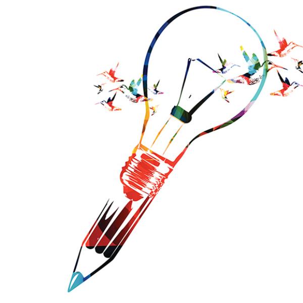 A drawing of a lightbulb meshing with a pen.