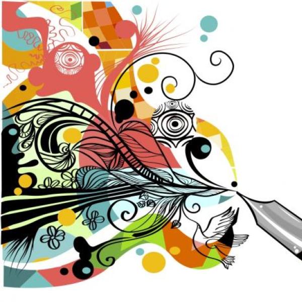 Drawing of a pen spouting a beautiful design.