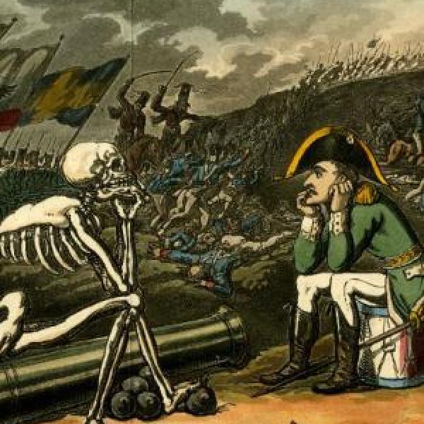 Cartoon of a man talking to a skeleton