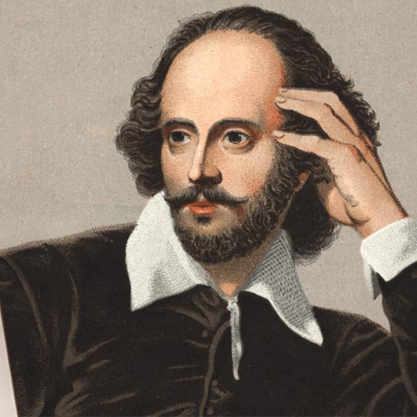 Drawing of Shakespeare in front of a Mac monitor.