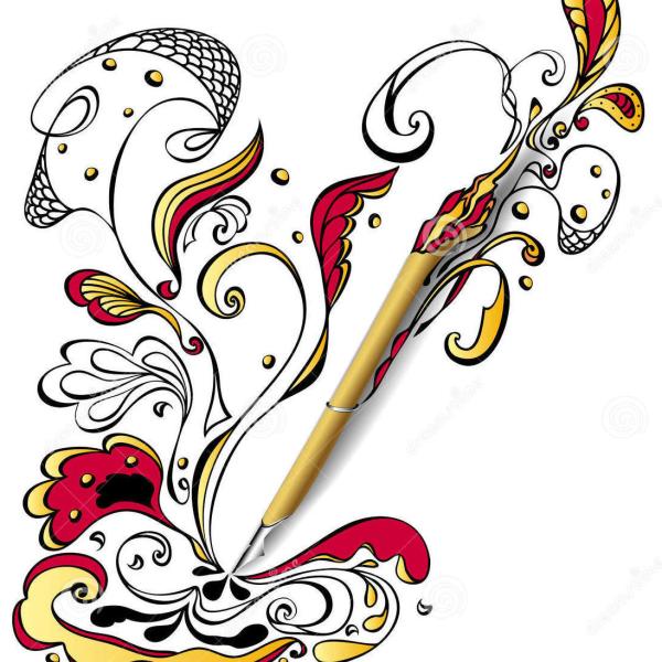 A gold pen doodling in a red, black, and gold scrolling design