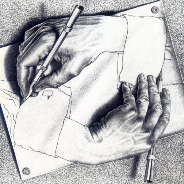 Famous drawing by Escher showing an artist drawing his own arm