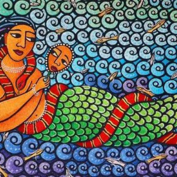 Painting of a mermaid with a snake wrapped around her