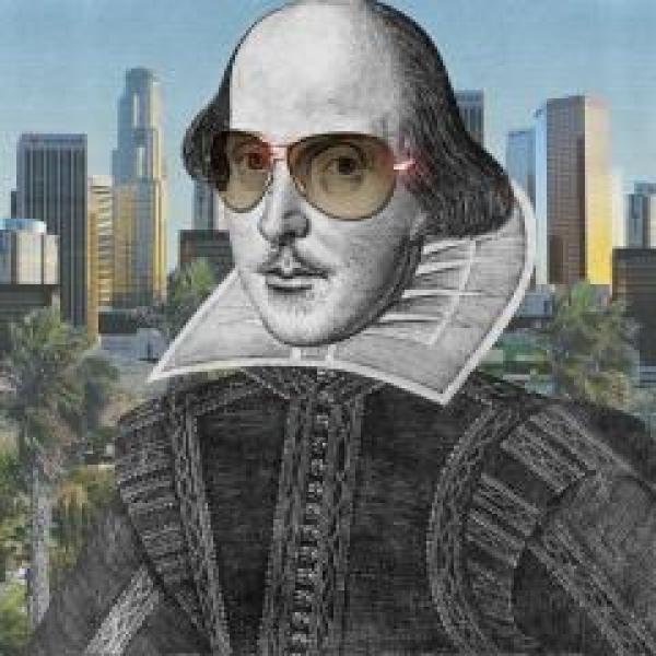 Drawing of Shakespeare wearing sunglasses with city skyline in background