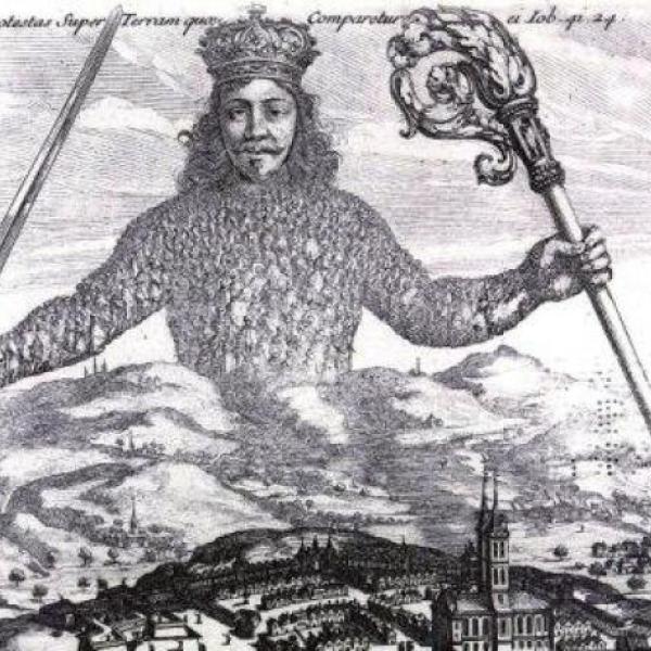 Illustration of a man with a sword and a torch hovering above a city