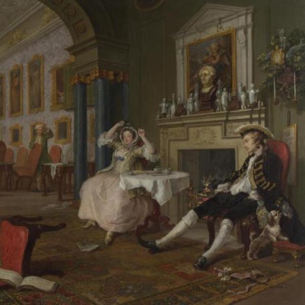 Painting of two men and a woman in a Victorian interior room