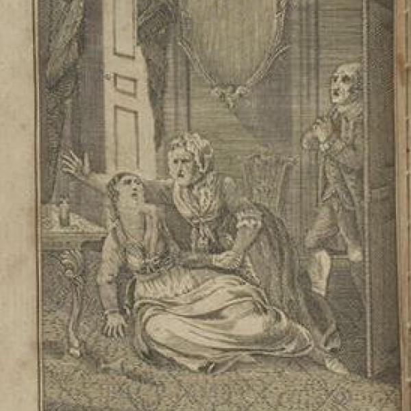 Early etching of two men in a room