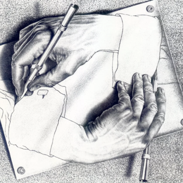 A drawing of a hand drawing a hand
