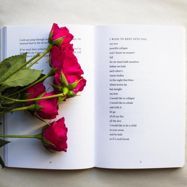 six roses on a book of poetry