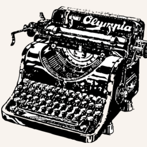 Black and white drawing of an old Olympia typewriter.
