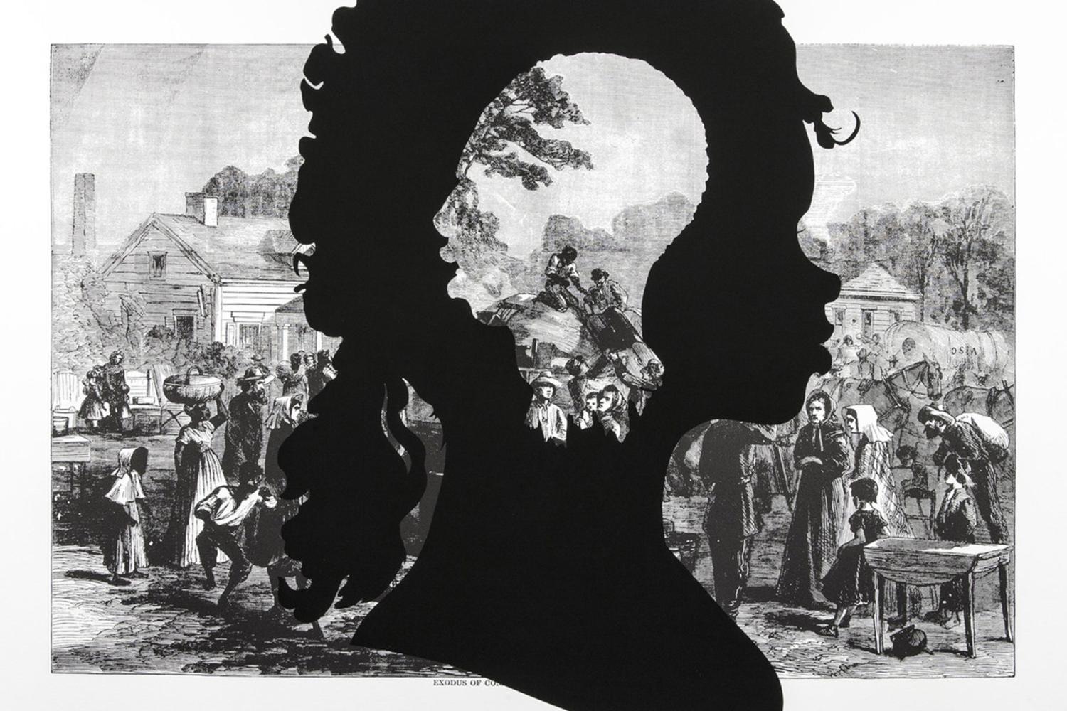 Silhouette of a woman over a landscape
