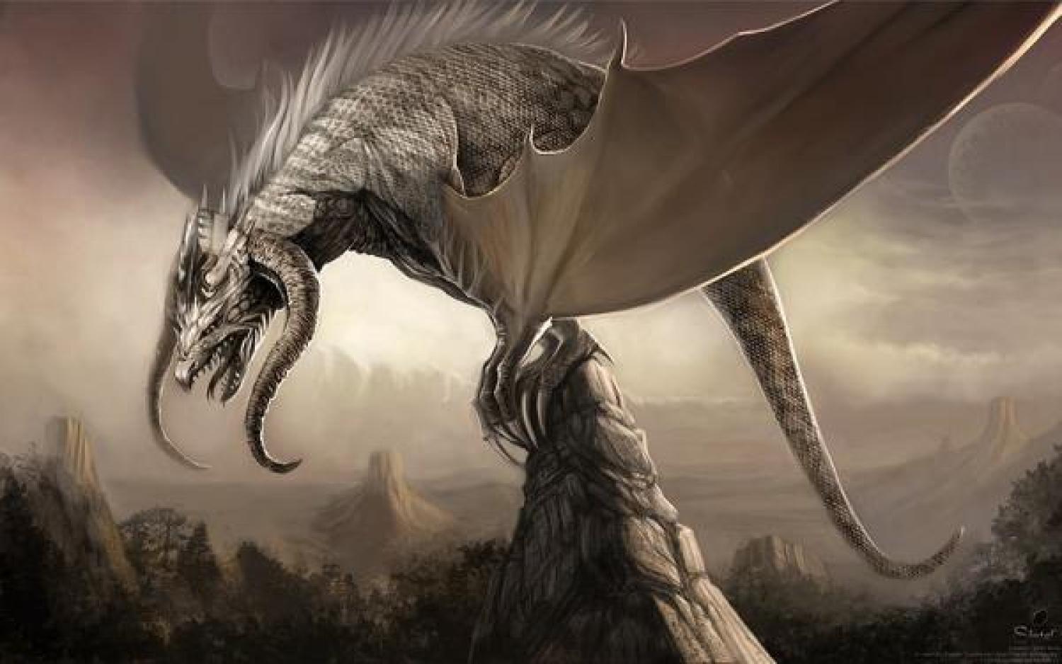 Drawing of a dragon perched on top of a mountain