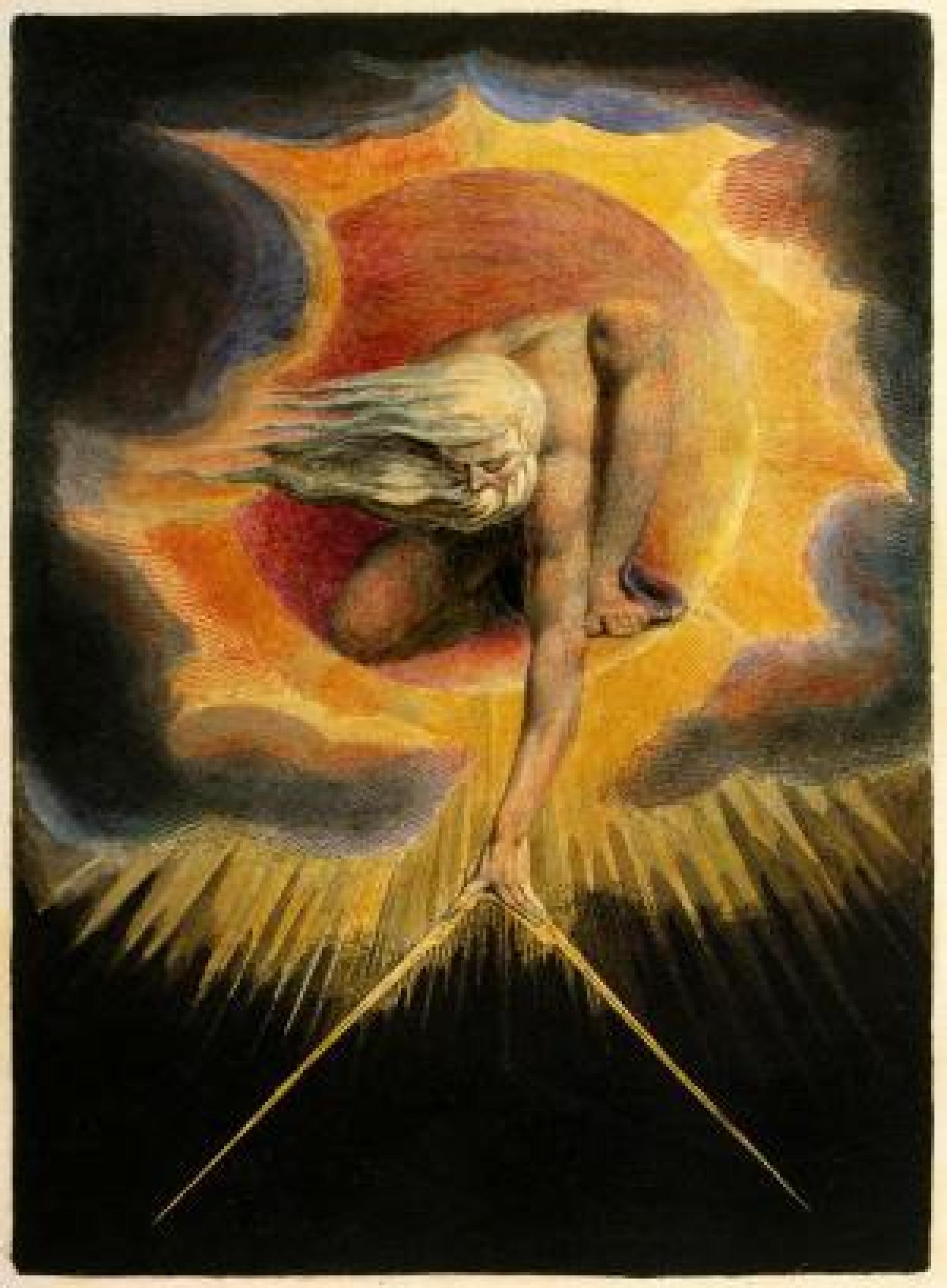 William Blake painting of a man in the sky with beams of light emerging from his hands