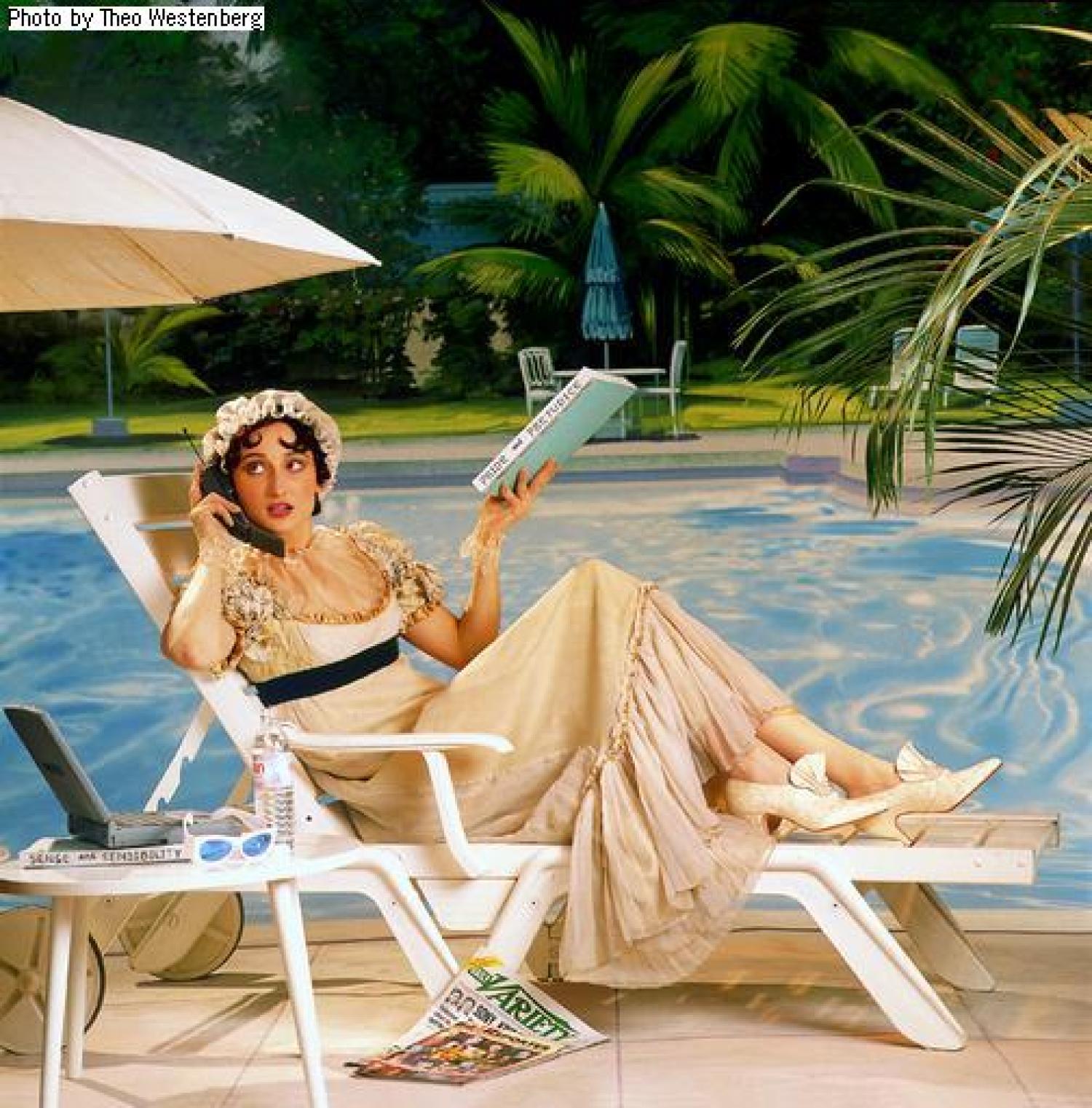 Drawing of a Victorian woman laying by a pool with modern things like a cell phone, sunglasses, Variety magazine, etc.
