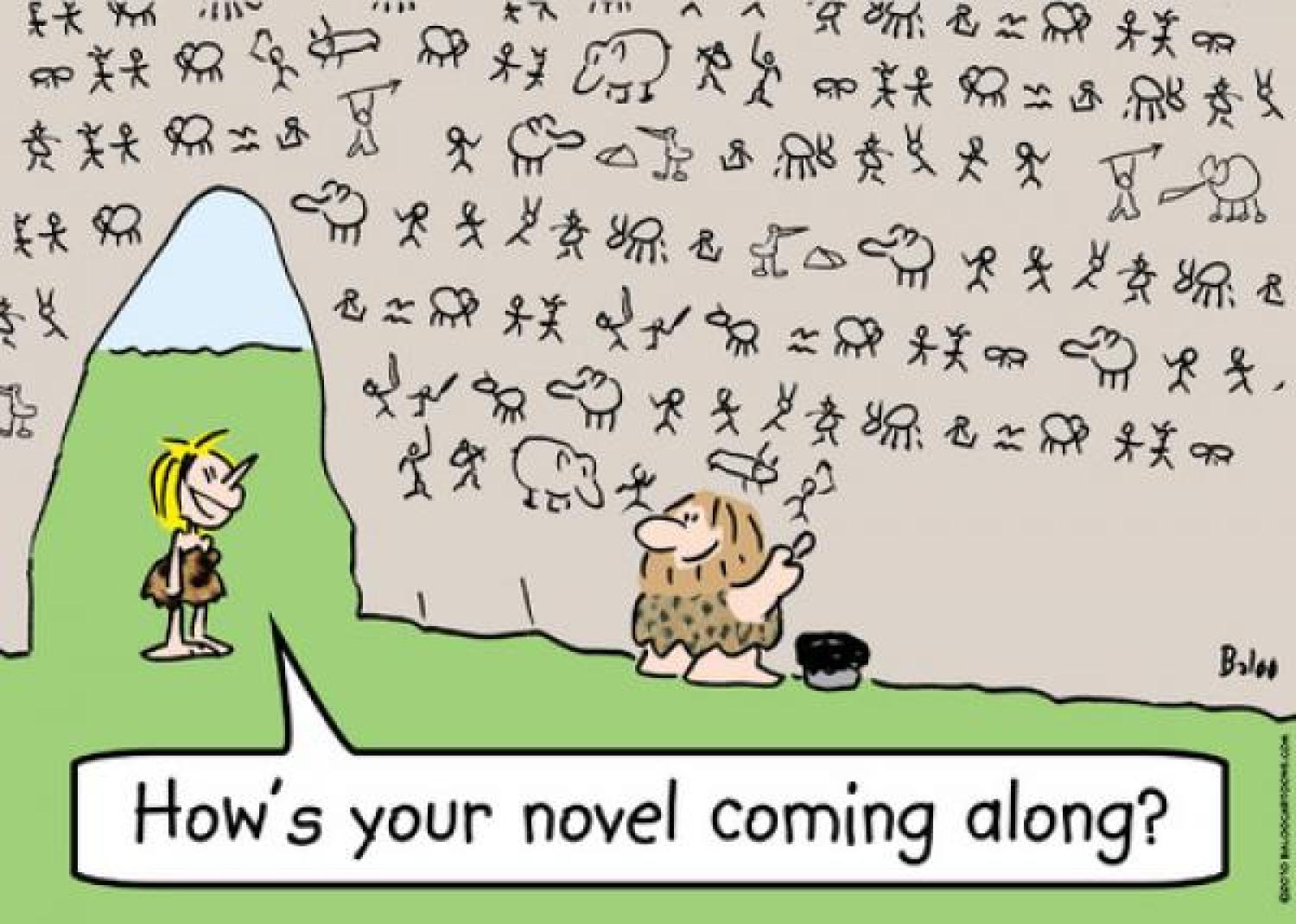 Cartoon of a caveman writing a novel on a cave wall