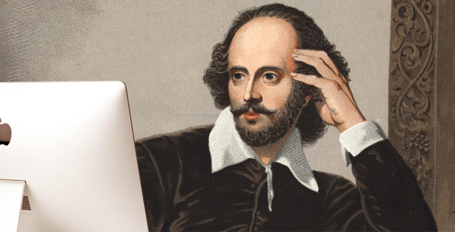 Drawing of Shakespeare in front of a Mac monitor.