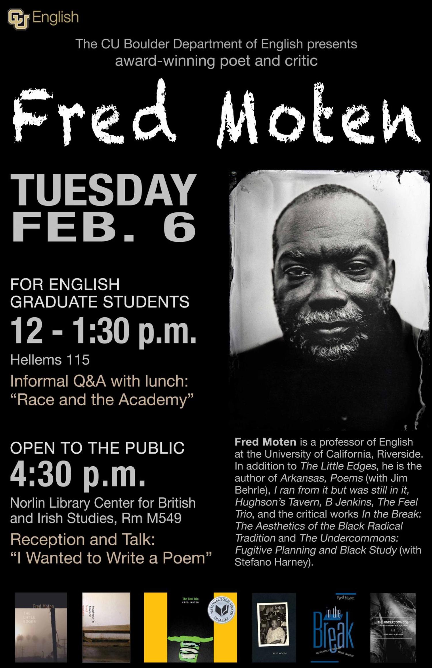 Poster for event showing Fred Moten. All details are content on this page.