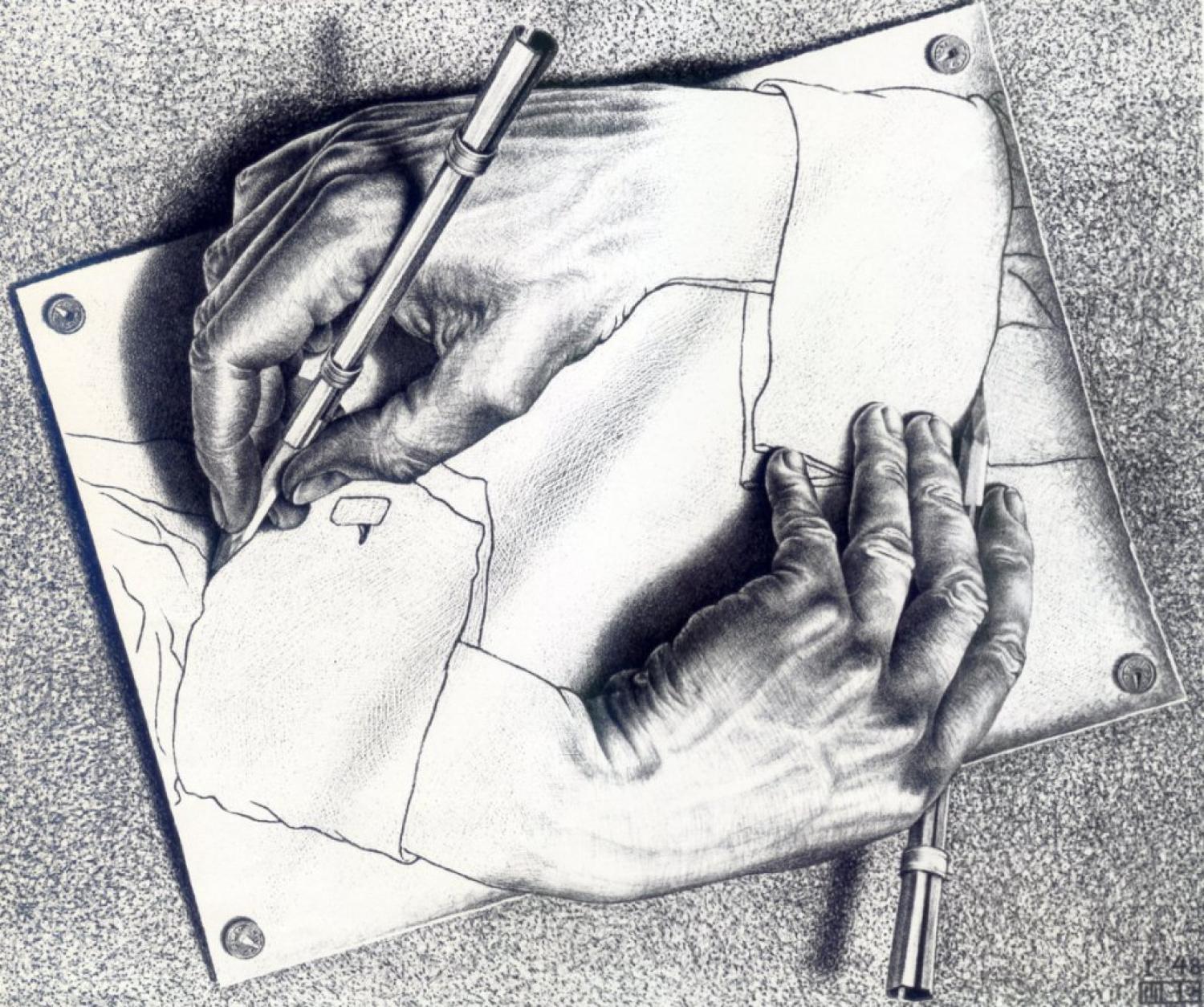 Famous drawing by Escher showing an artist drawing his own arm