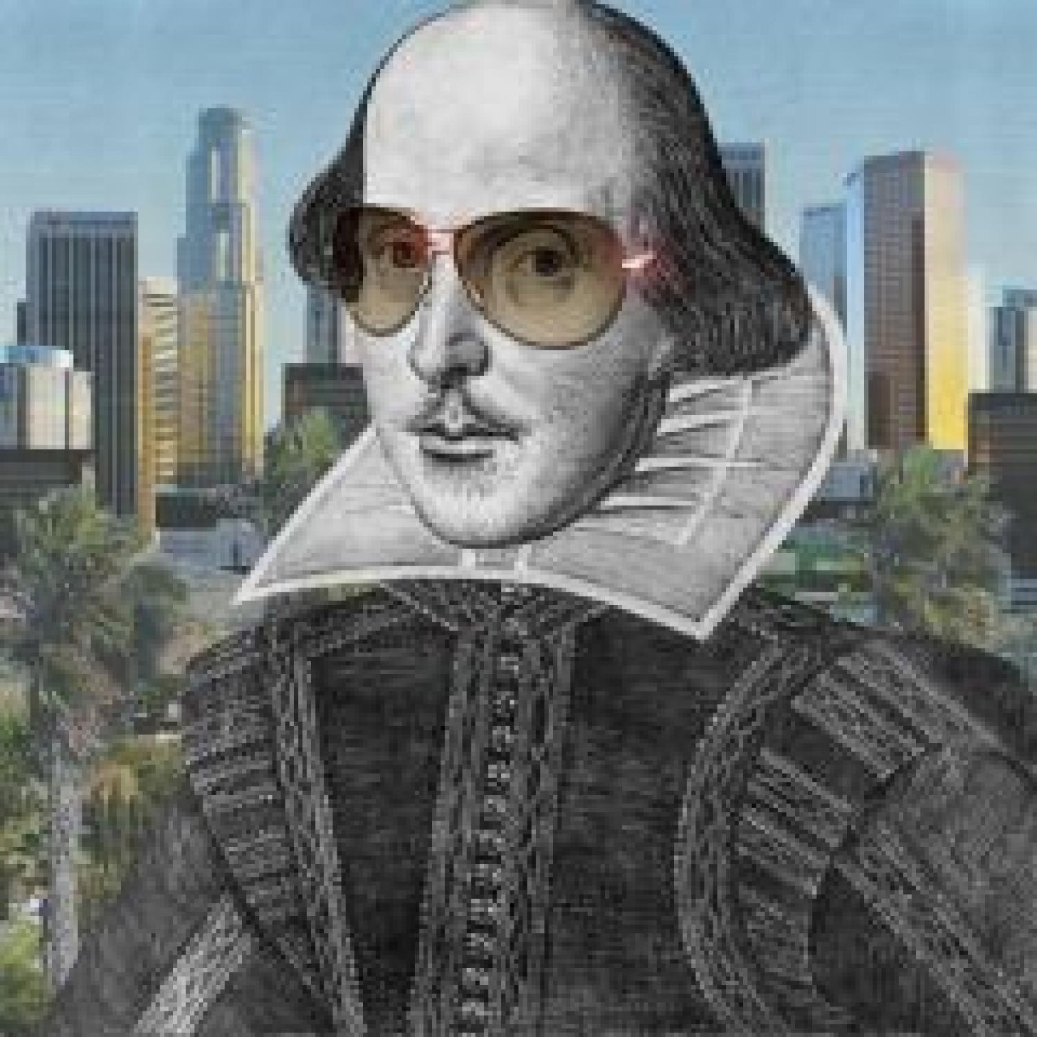 Drawing of Shakespeare wearing sunglasses with city skyline in background