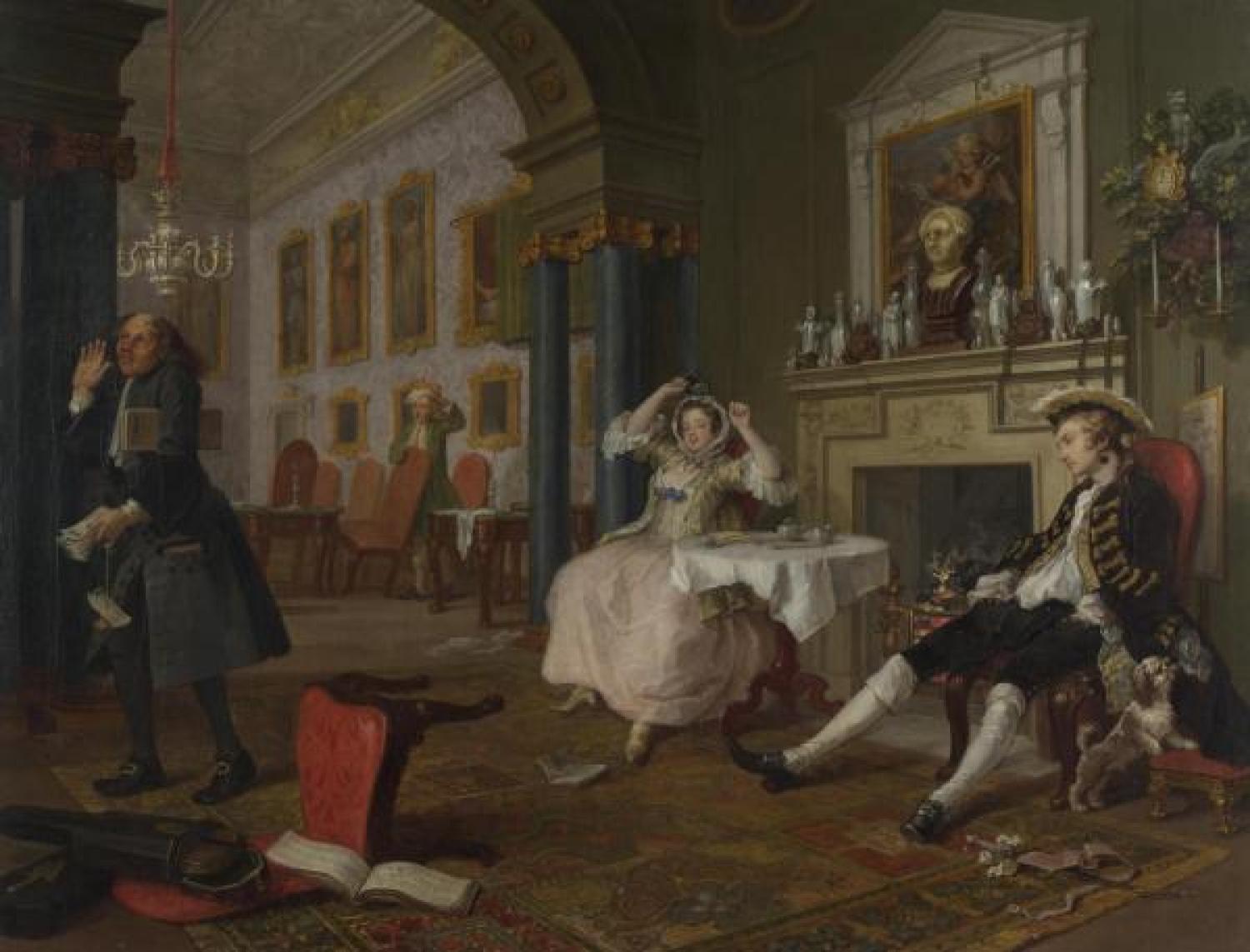 Painting of two men and a woman in a Victorian interior room
