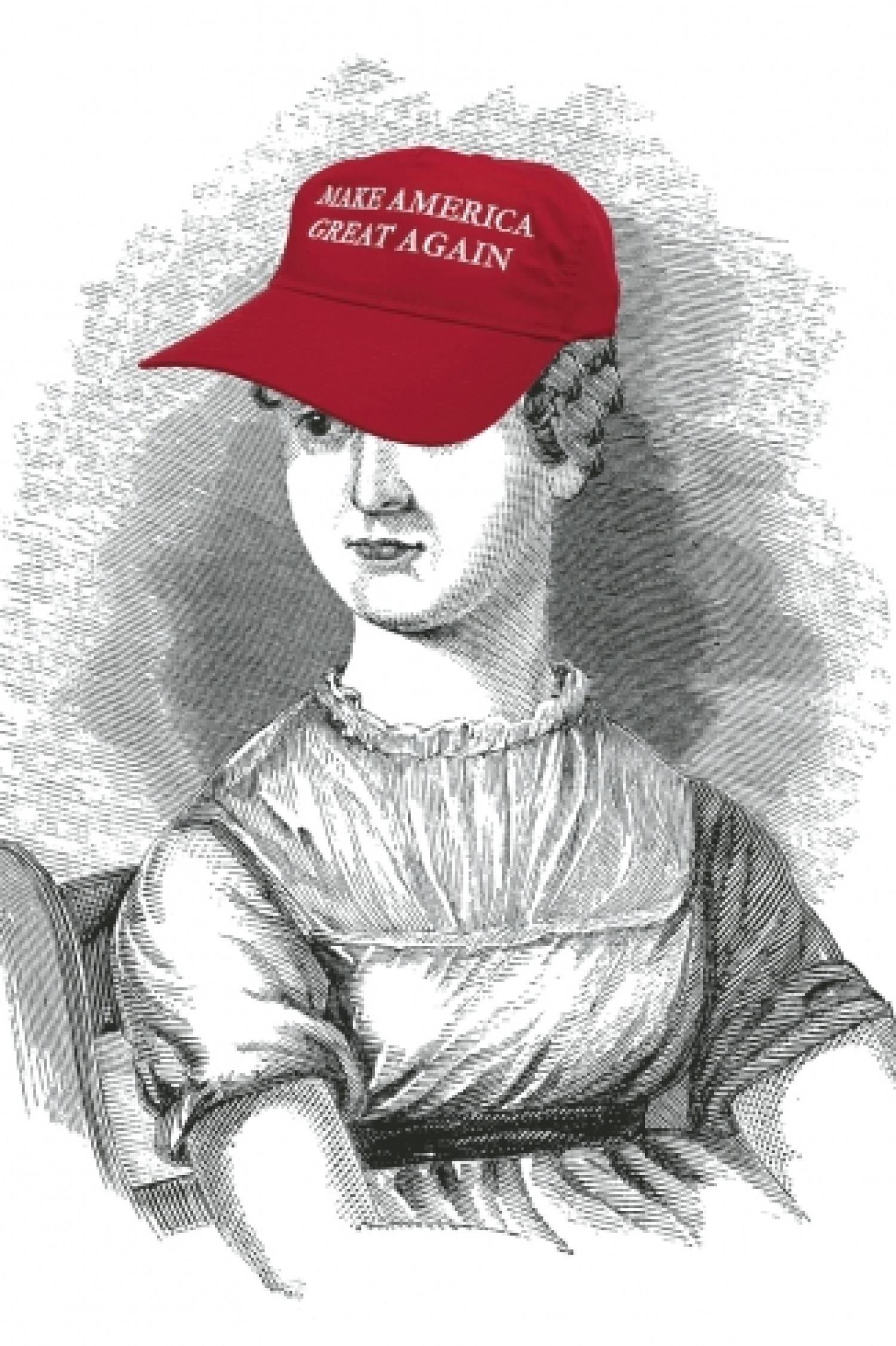 Drawing of Jane Austen wearing a "Make America Great Again" hat