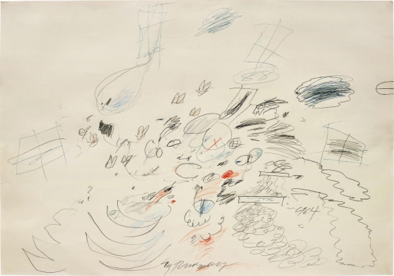 An abstract painting with many scribbled marks