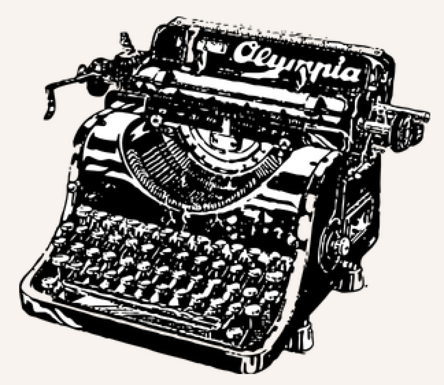 Black and white drawing of an old Olympia typewriter.