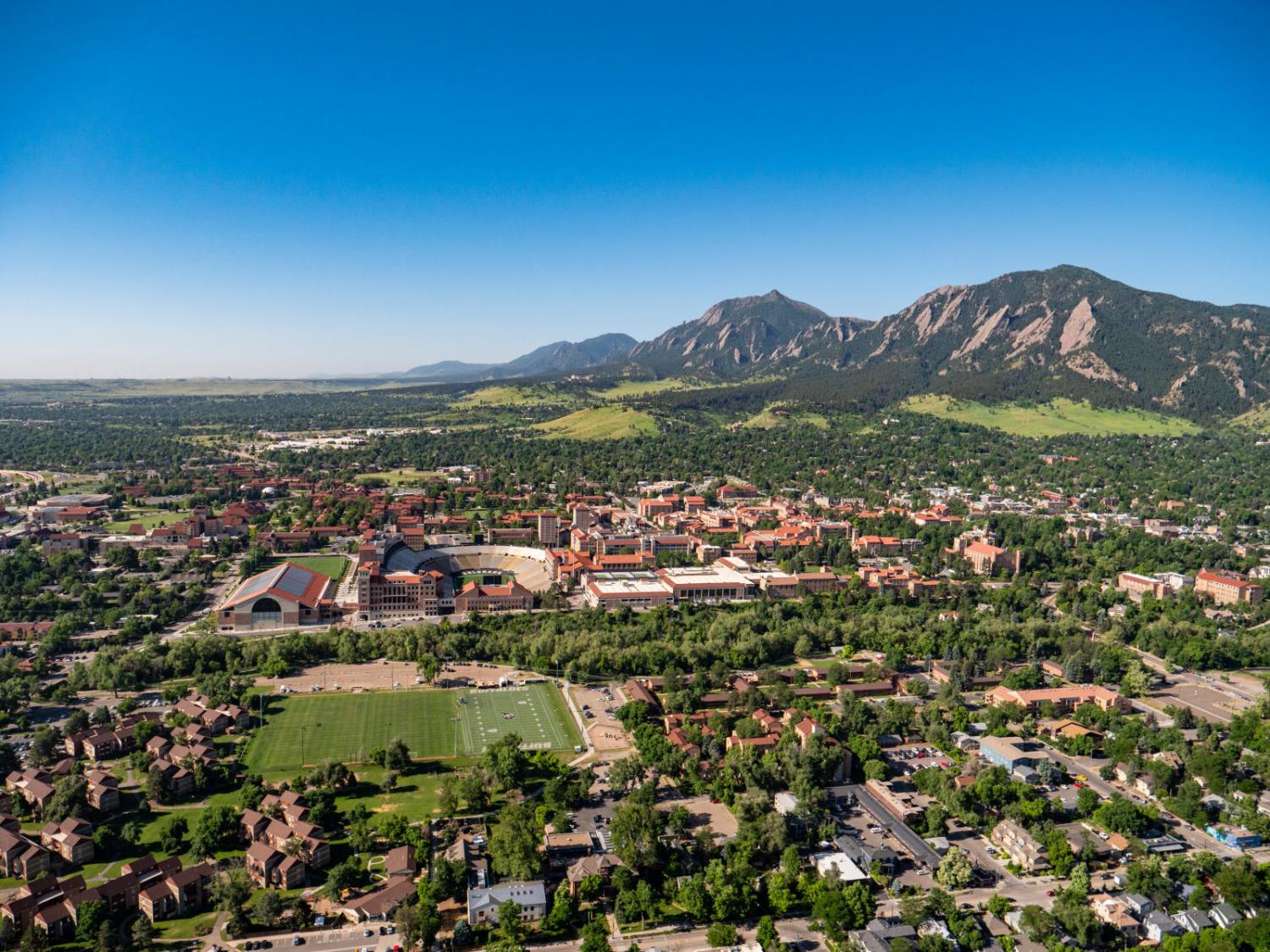 Aerial photo of all of campus with mountains in the back