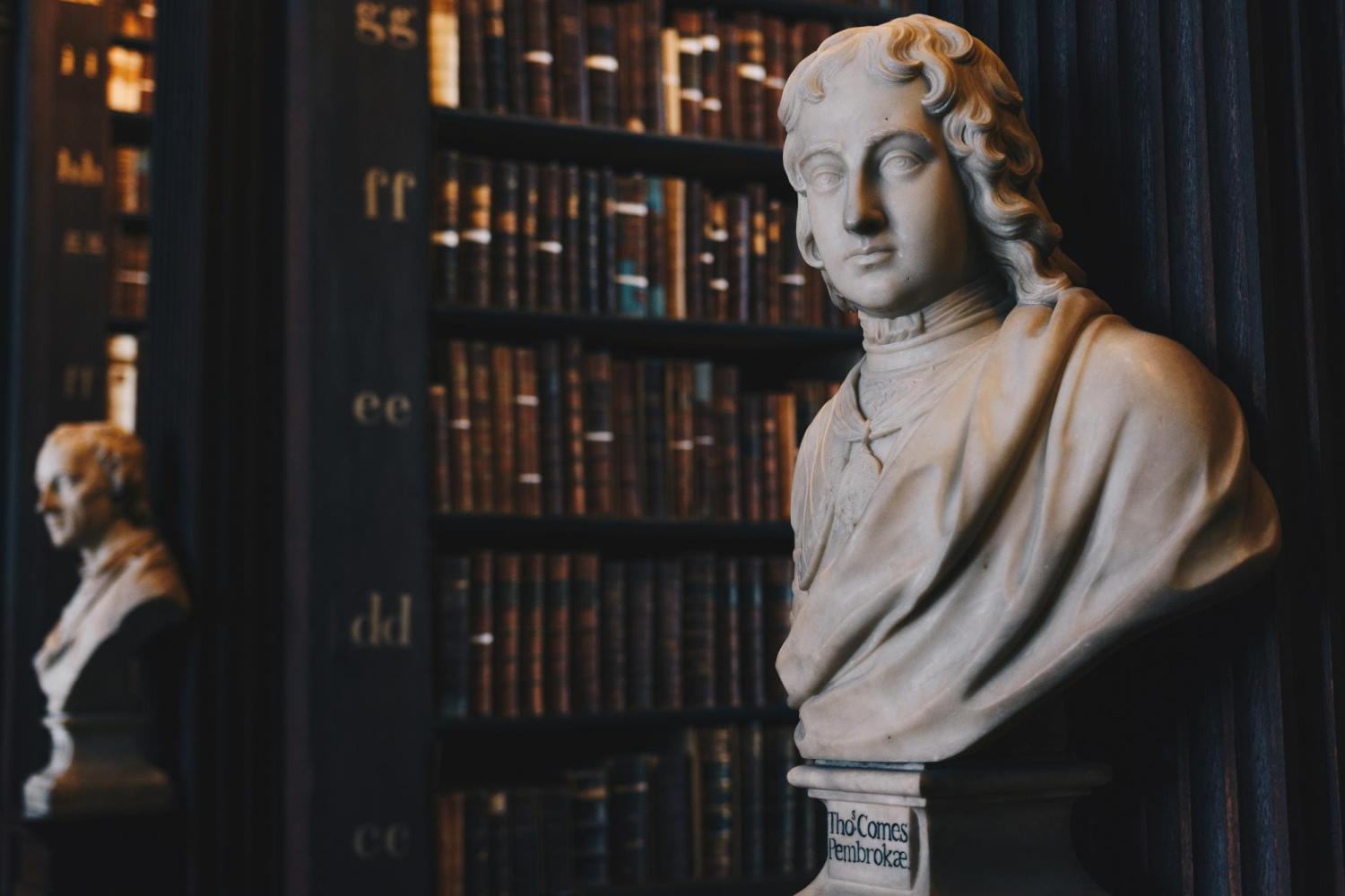 A bust statue in a library