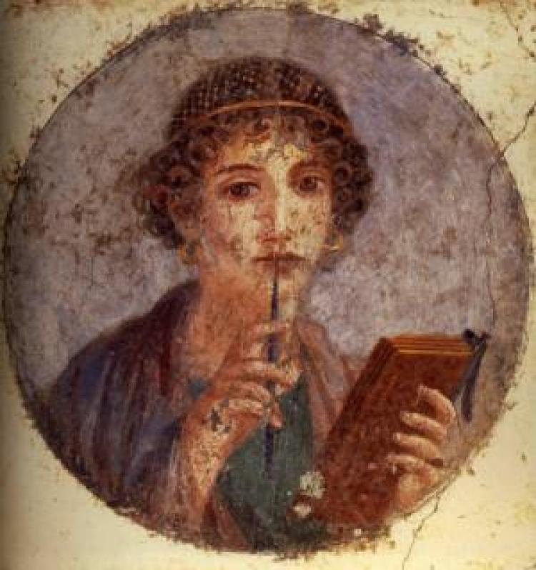 Painting of a woman holding a pen to her mouth