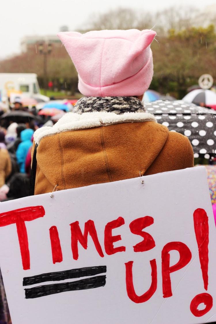 Woman with a pink hat and a sign that reads Times Up