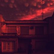 Red tinted sky and buildings