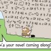 Cartoon of a caveman writing a novel on a cave wall