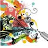 Drawing of a pen spouting a beautiful design.