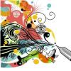 Illustration of a pen with a colorful design flowing out of it