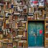 a blue door surrounded by books