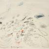 An abstract painting with many scribbled marks