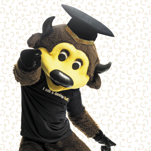 Chip the Buffalo in a grad cap