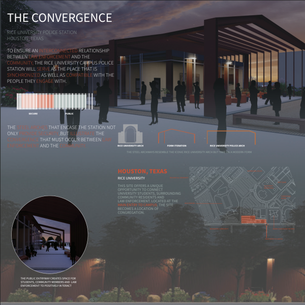 Plan and exterior of the Convergence at sunset.