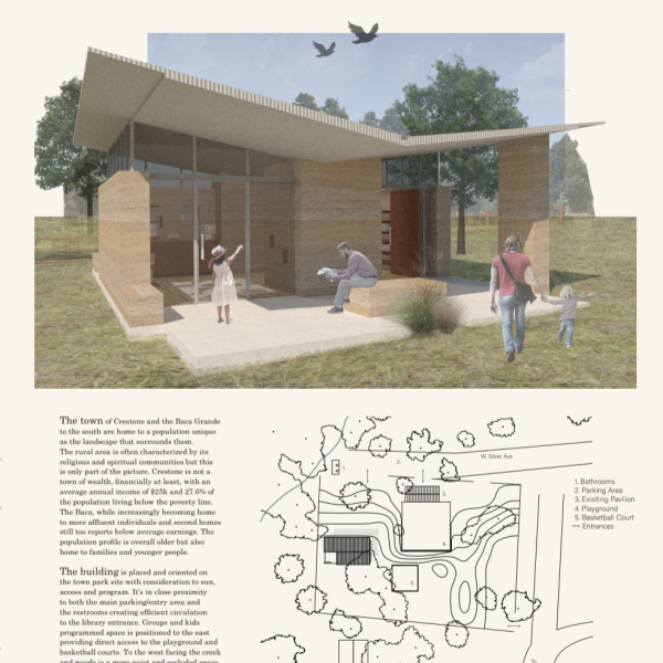 Exterior and site analysis of Crestone Community Library.