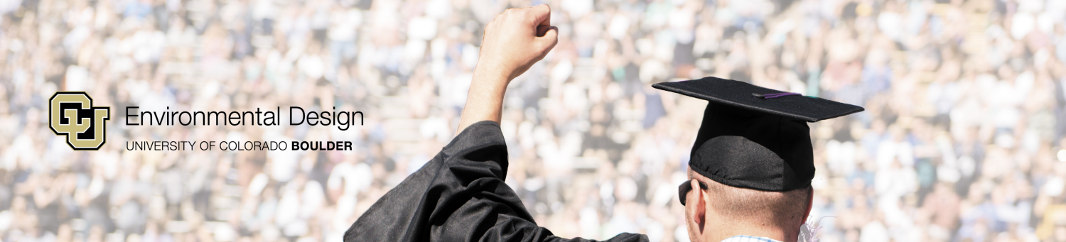Student in graduation regalia stands in folsom stadium