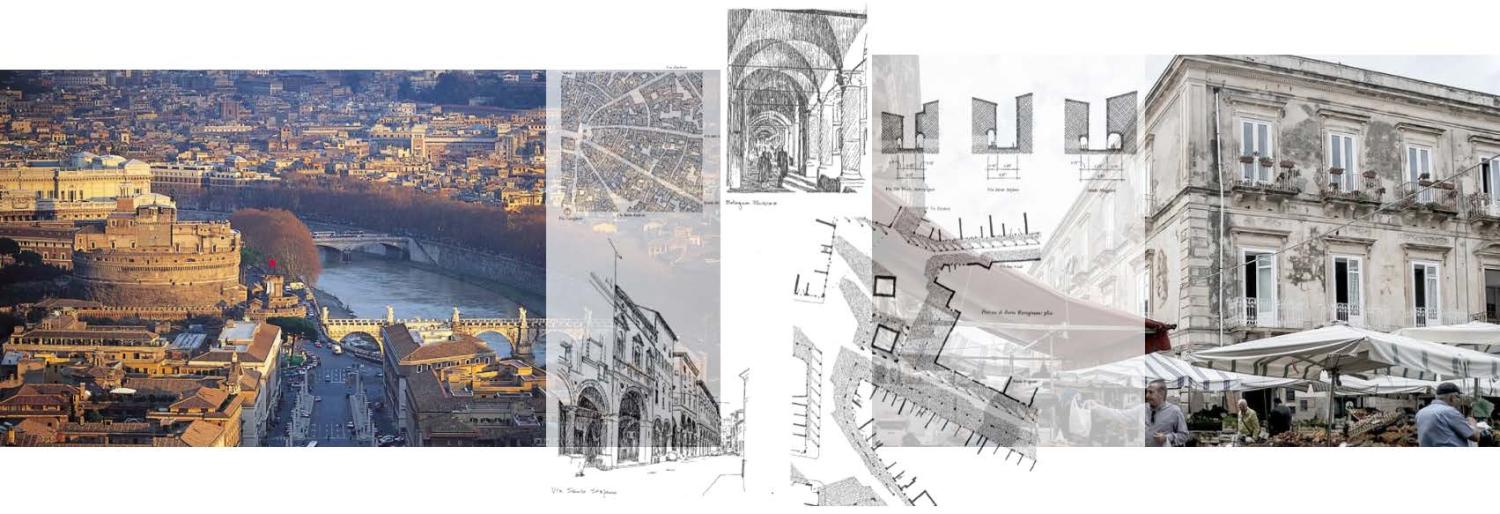 Italian landscape photo overlaid with architecture design sketches