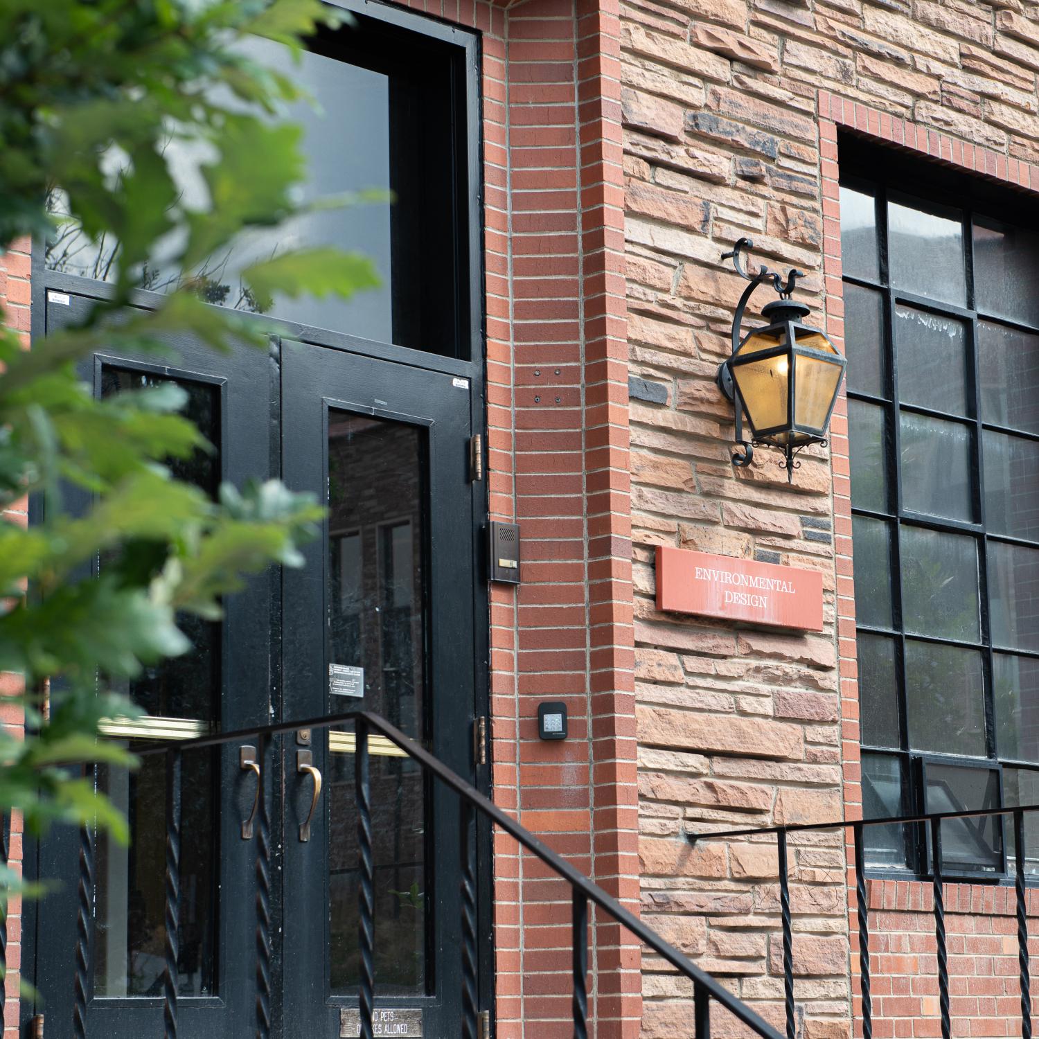 The front door and entrance to the environmental design building.