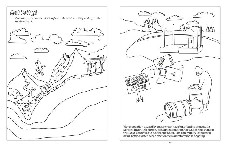 Coloring book page showing pollution in rivers